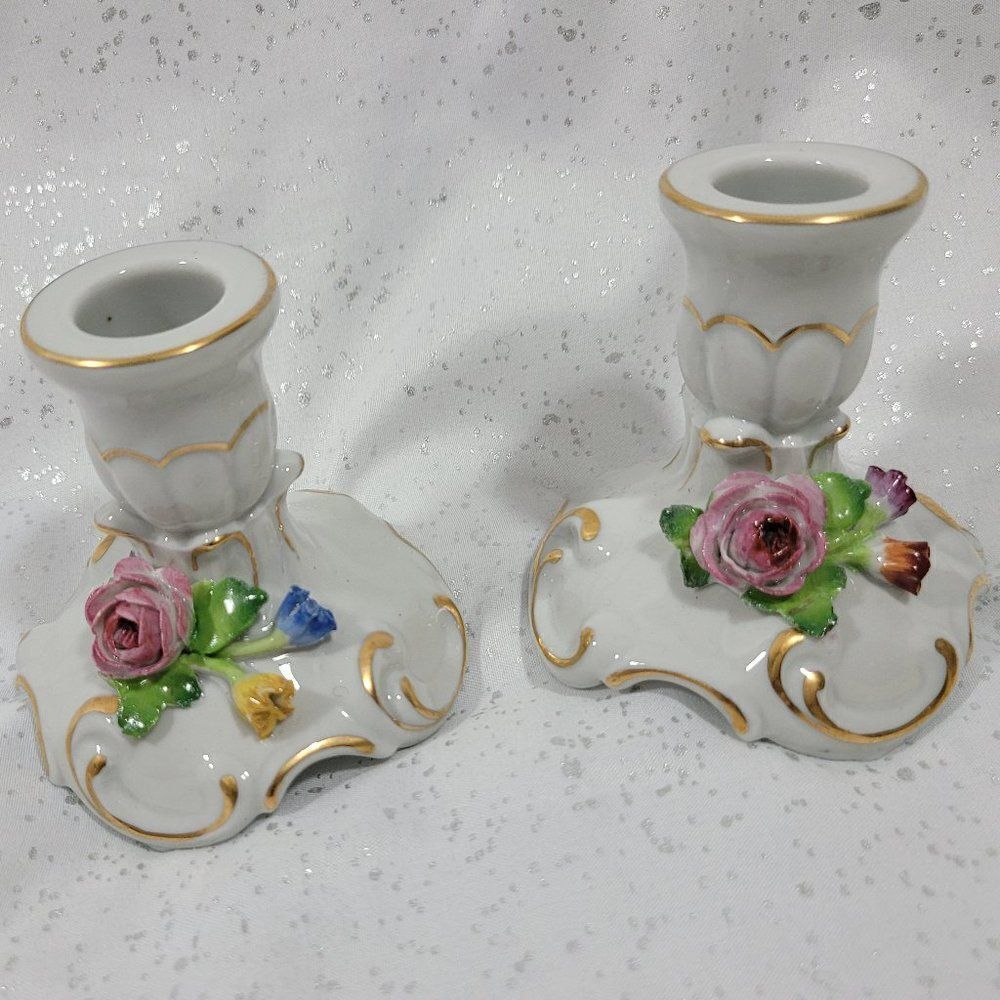 Vintage Ceramic Candlestick Handpainted Set of 2